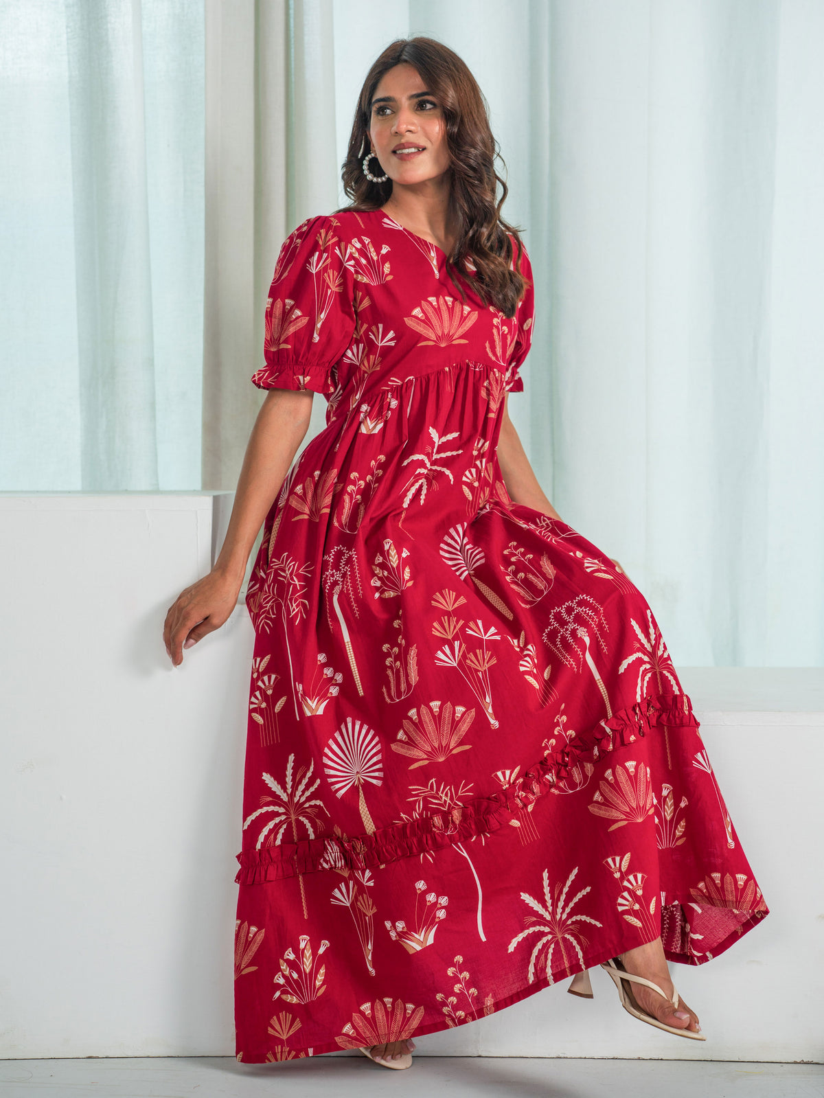Soft Cotton Floral Anarkali Red Dress