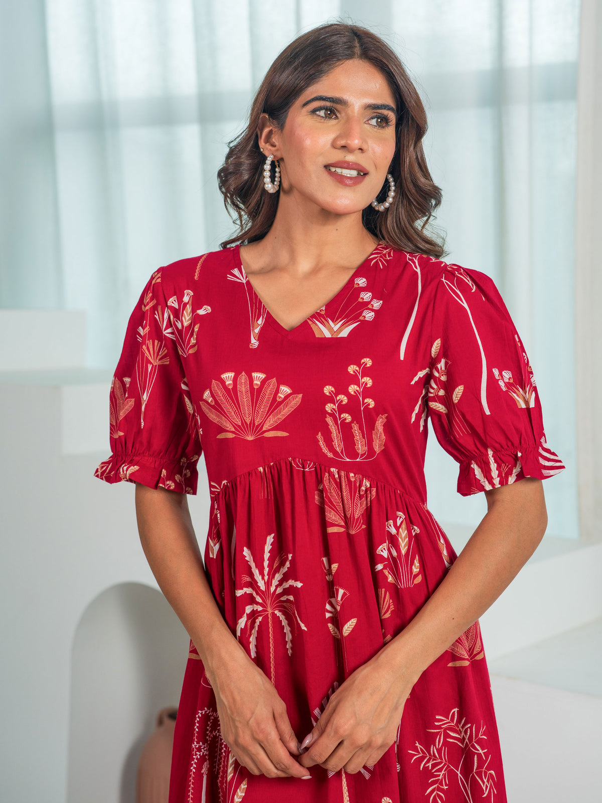 Soft Cotton Floral Anarkali Red Dress