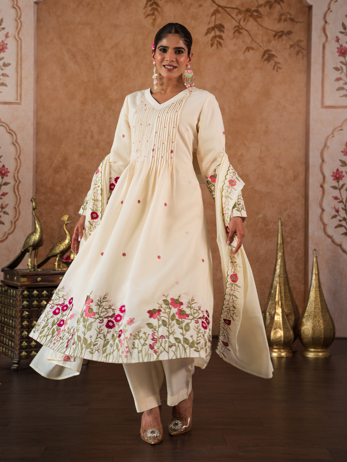 Embroidered Chanderi Solid Flared Off White Kurta