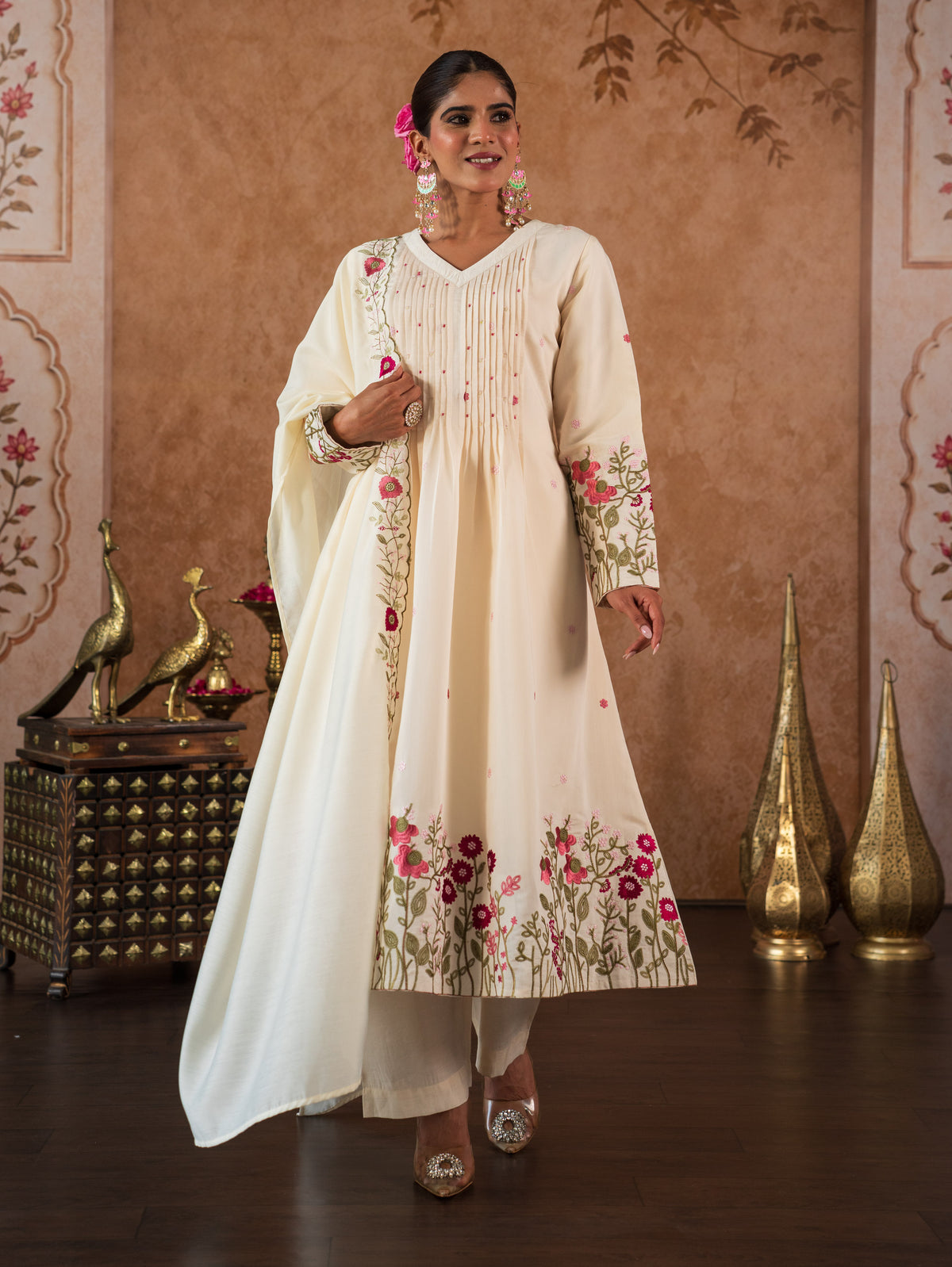 Embroidered Chanderi Solid Flared Off White Kurta