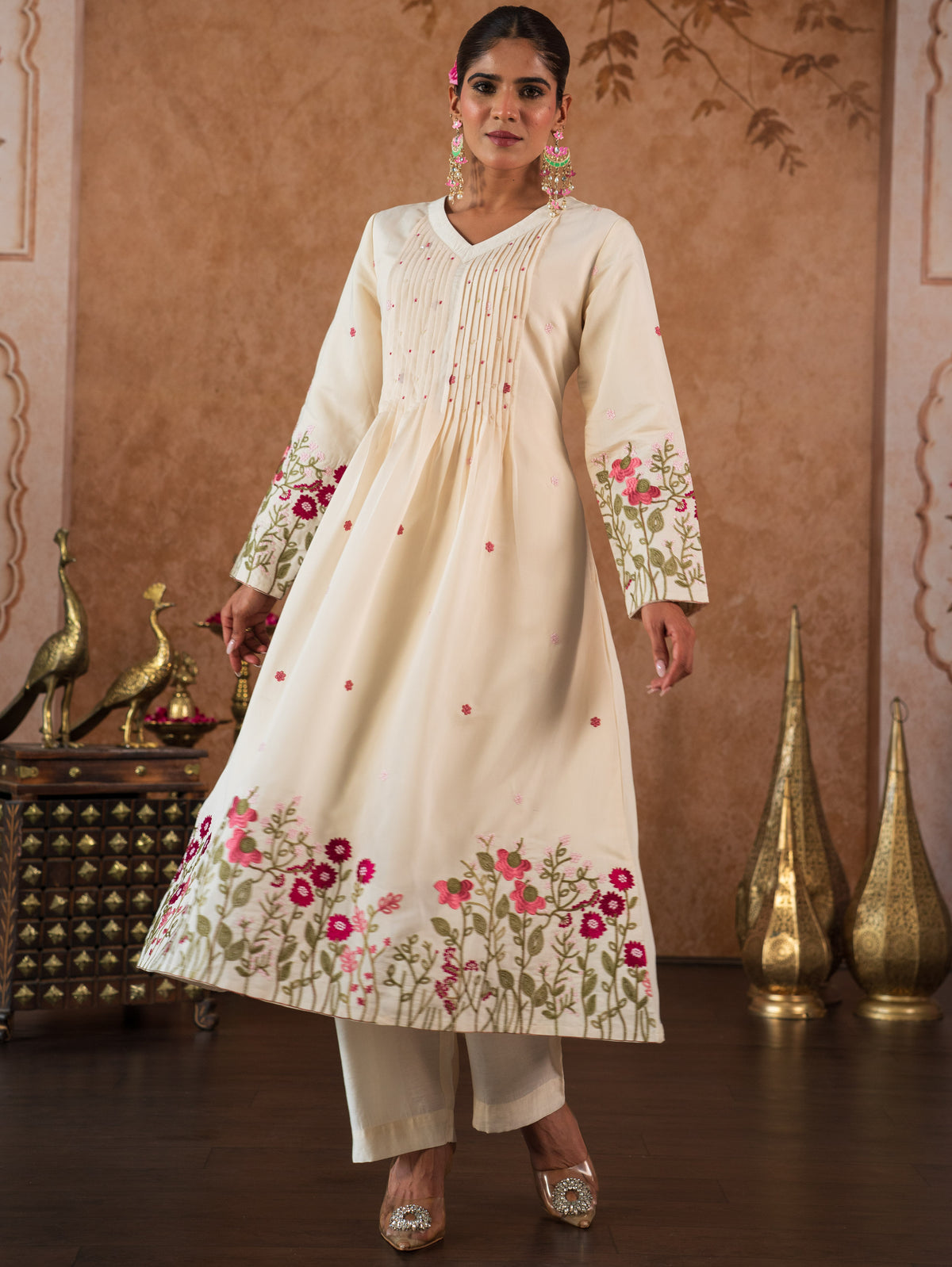Embroidered Chanderi Solid Flared Off White Kurta