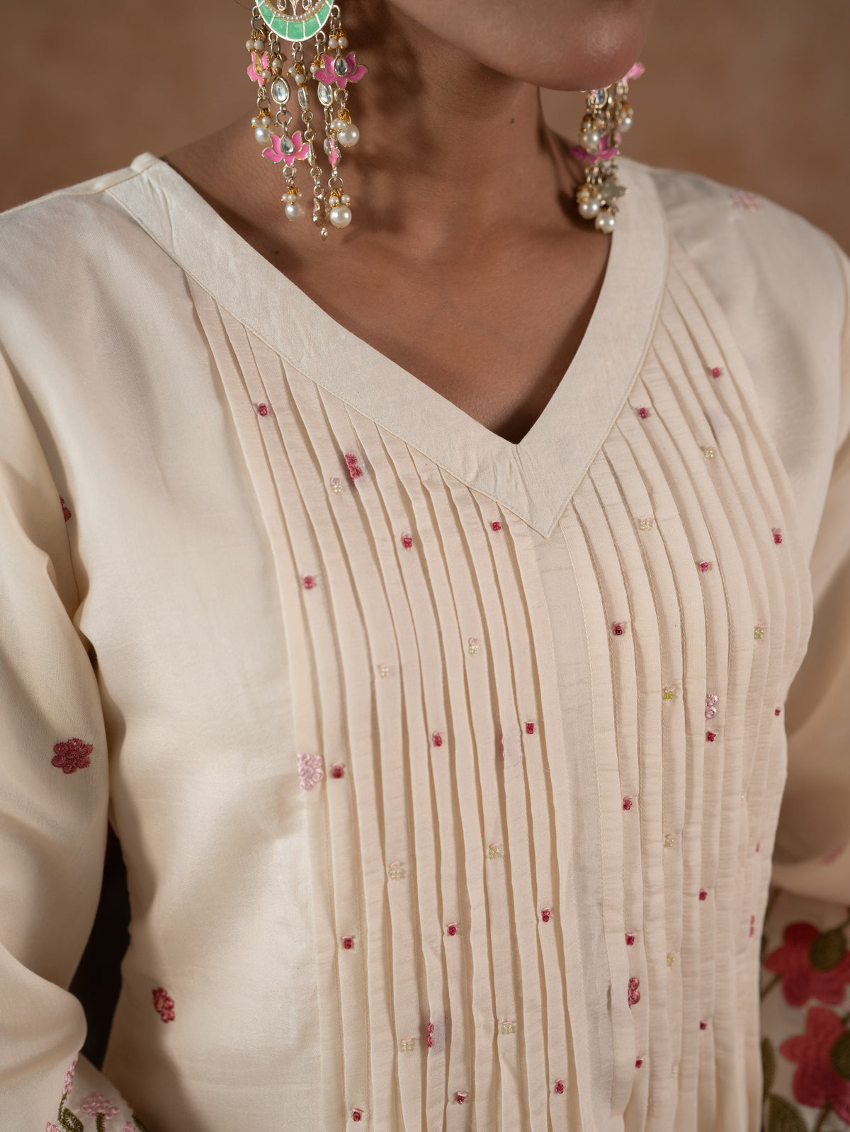 Embroidered Chanderi Solid Flared Off White Kurta