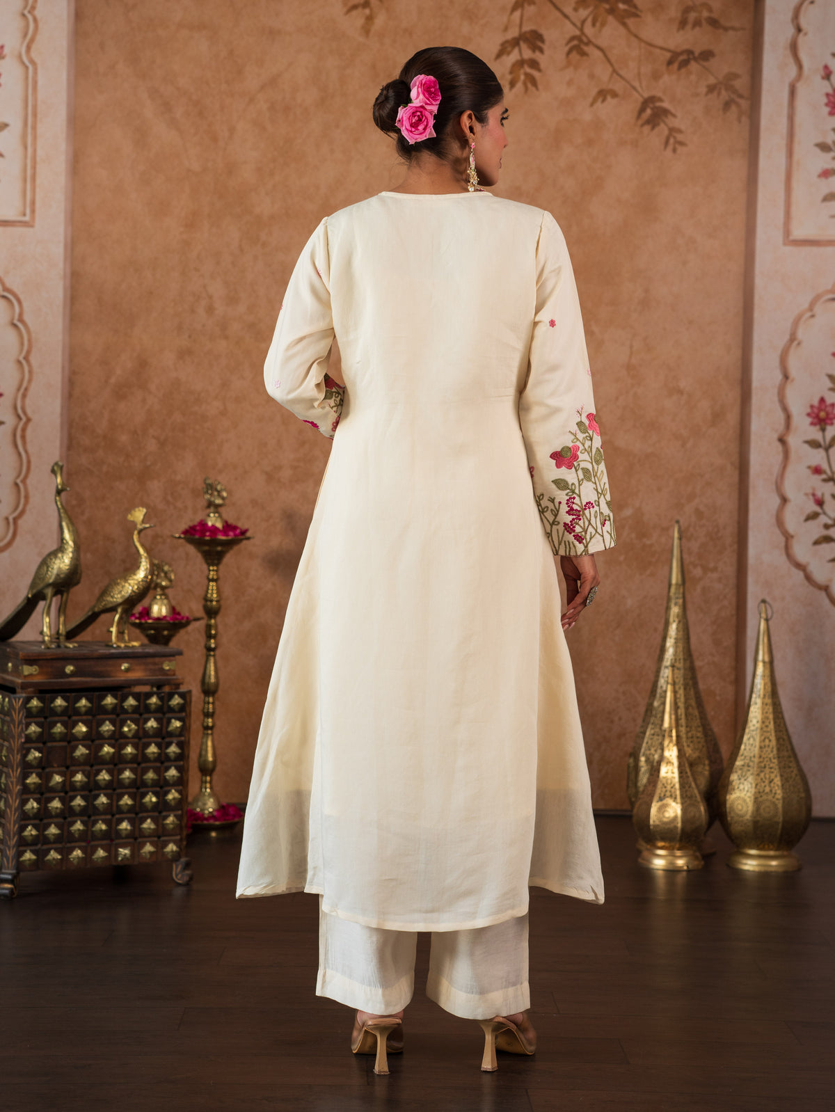 Embroidered Chanderi Solid Flared Off White Kurta