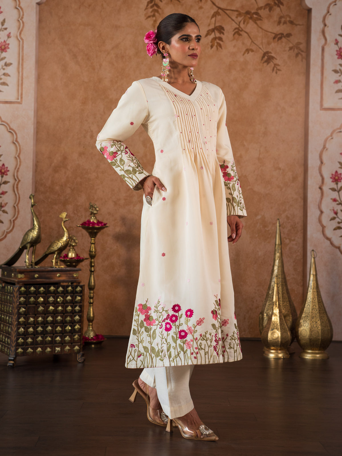 Embroidered Chanderi Solid Flared Off White Kurta