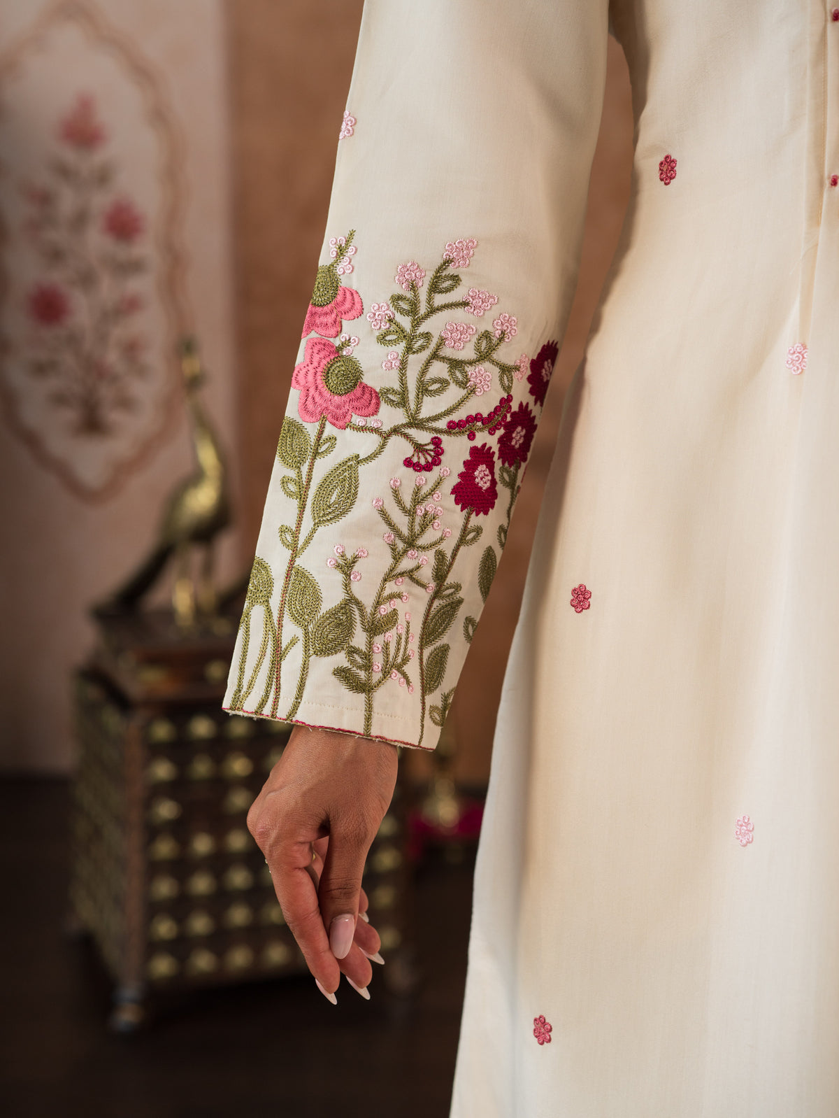 Embroidered Chanderi Solid Flared Off White Kurta