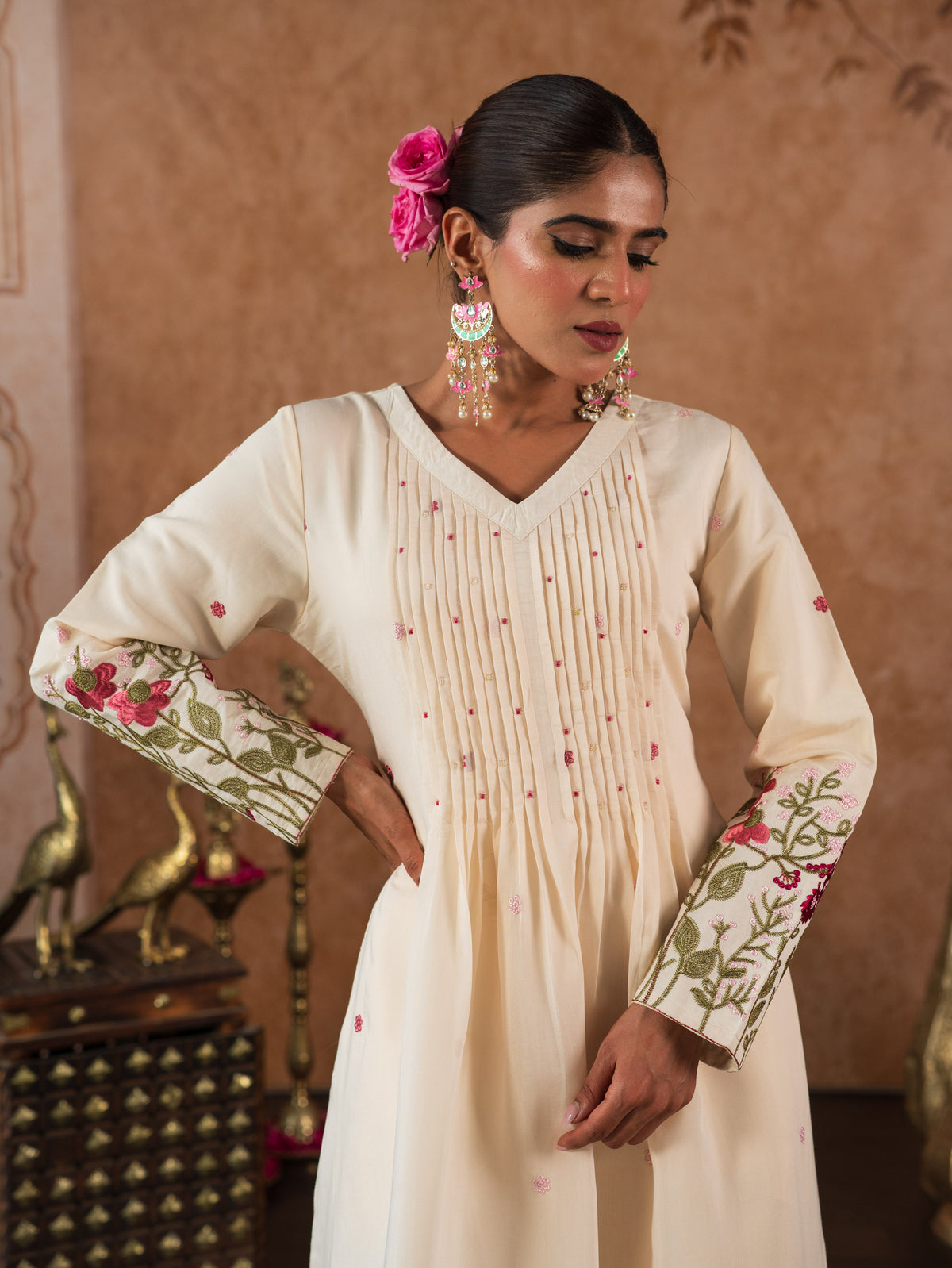 Embroidered Chanderi Solid Flared Off White Kurta