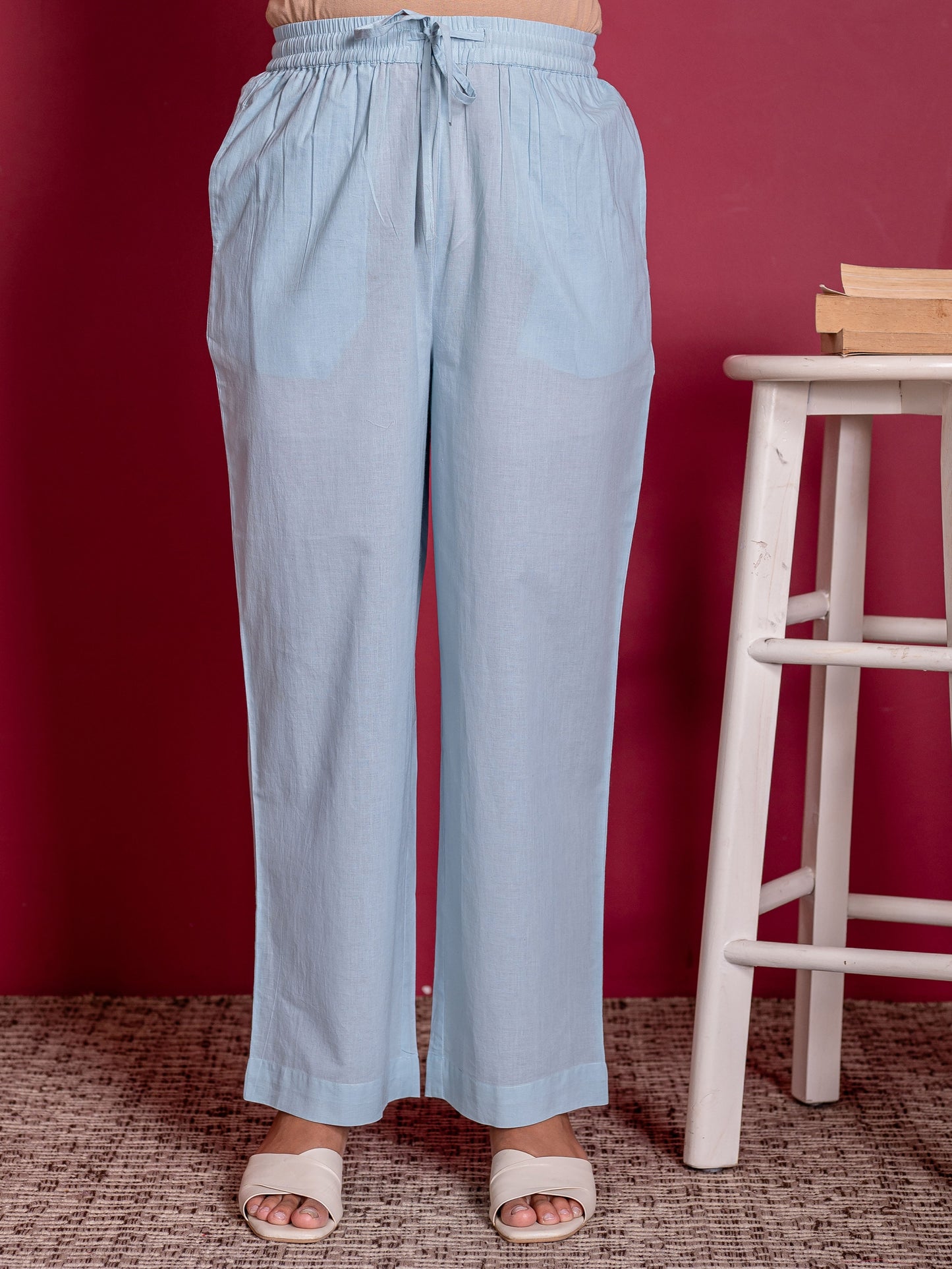 Soft cotton Solid Blue Straight Trousers