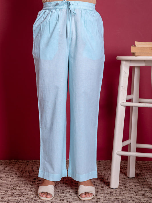 Soft cotton Solid Blue Straight Trousers