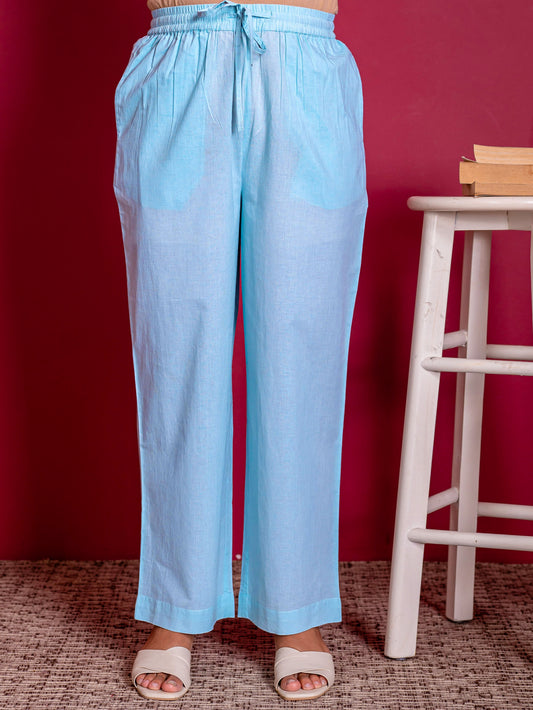 Soft cotton Solid Blue Straight Trousers