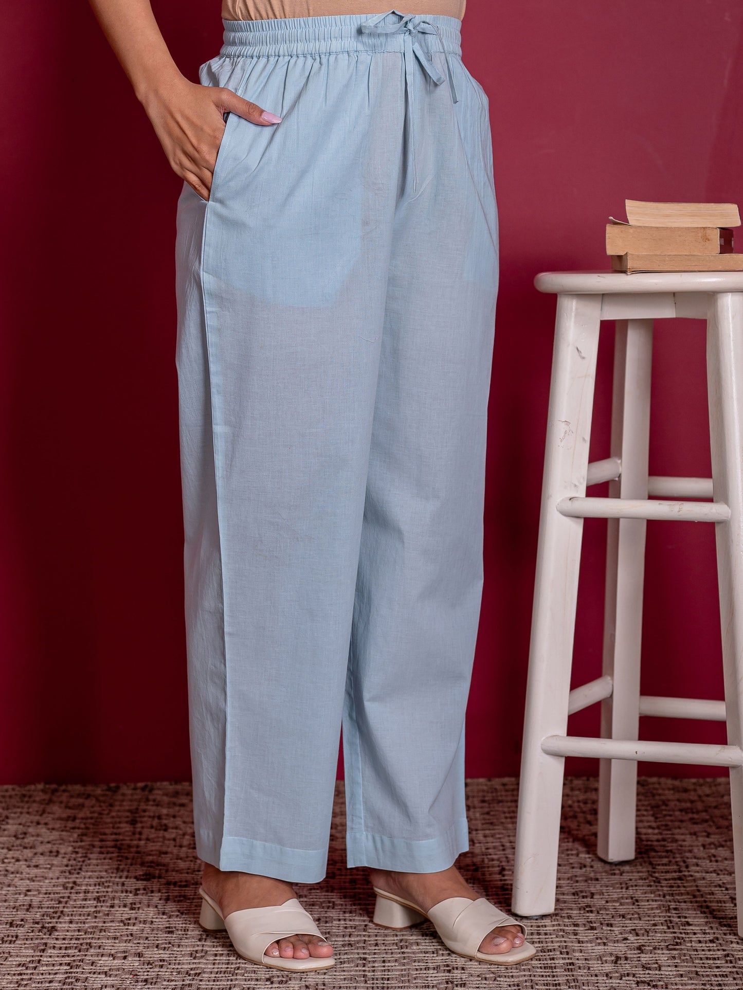 Soft cotton Solid Blue Straight Trousers