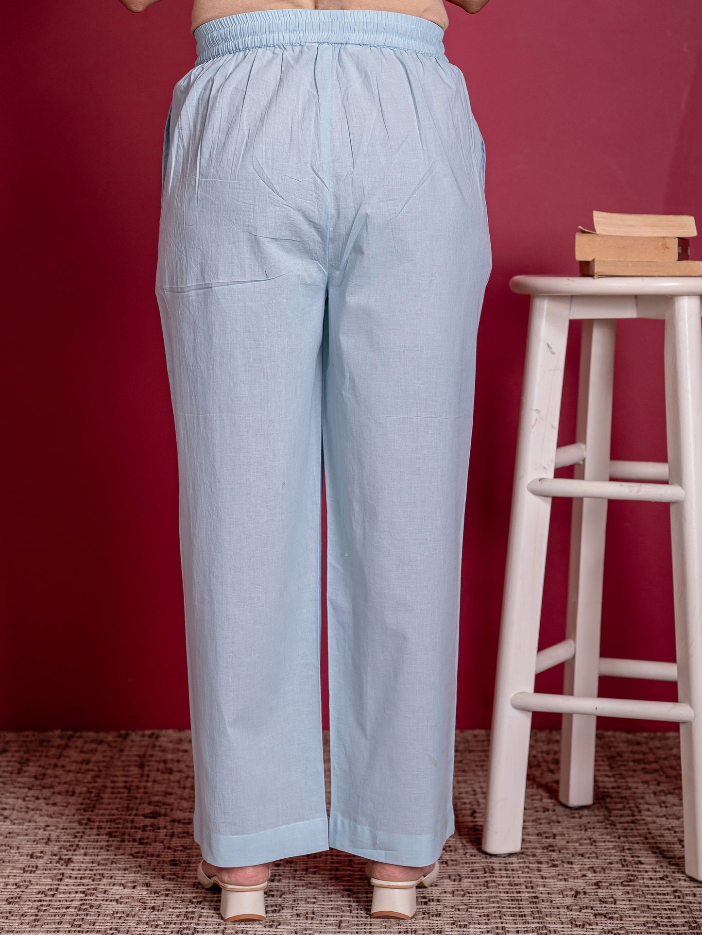 Soft cotton Solid Blue Straight Trousers