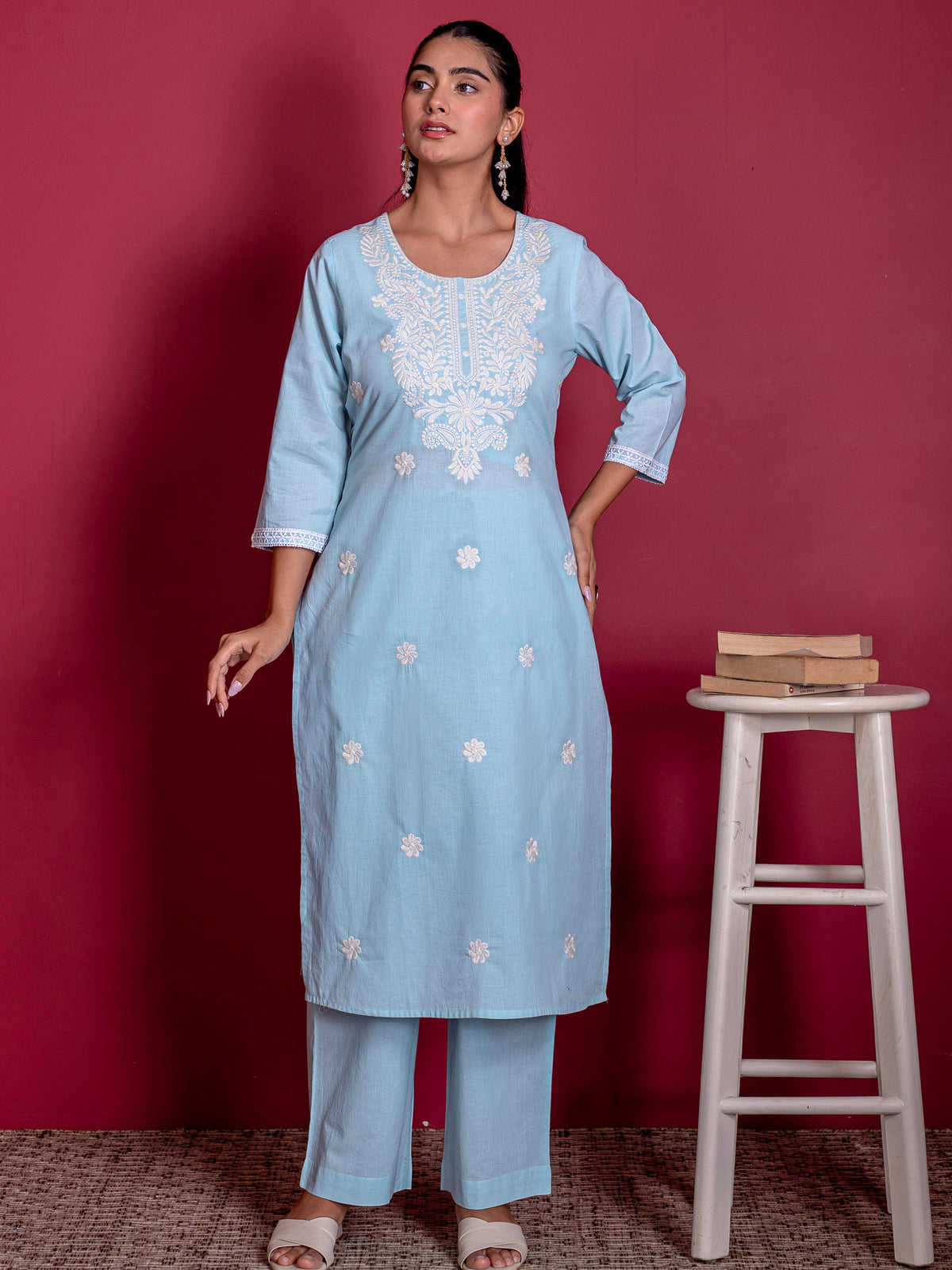 Embroidered Soft Cotton Solid Straight Blue Kurta