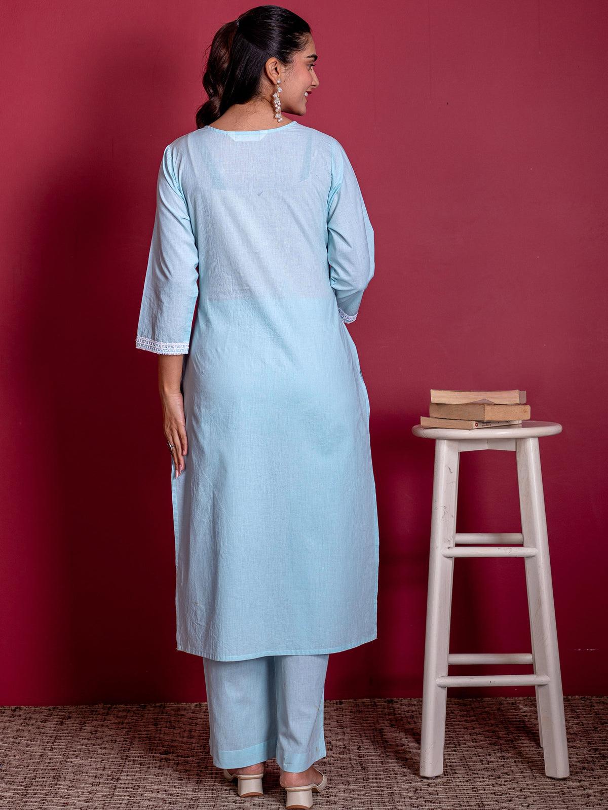 Embroidered Soft Cotton Solid Straight Blue Kurta