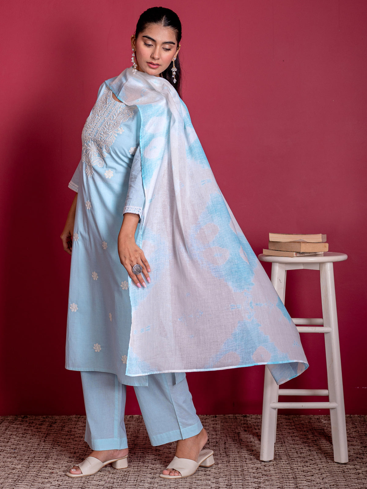 Embroidered Soft Cotton Solid Straight Blue Kurta