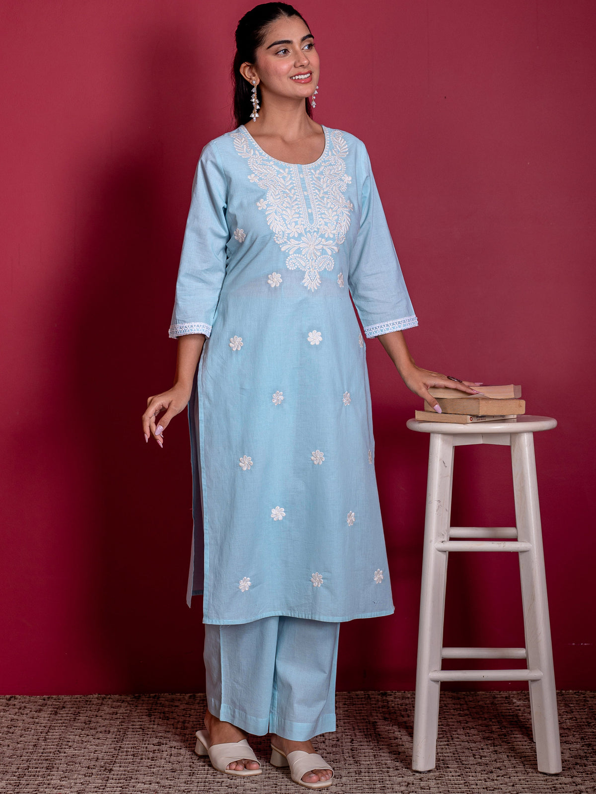 Embroidered Soft Cotton Solid Straight Blue Kurta
