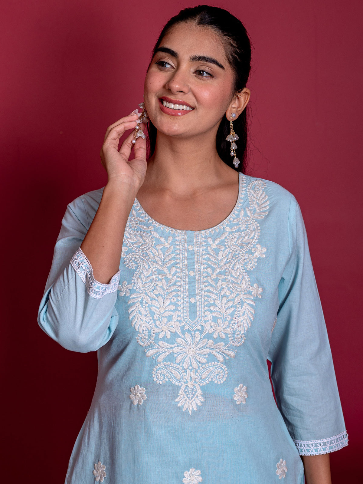 Embroidered Soft Cotton Solid Straight Blue Kurta