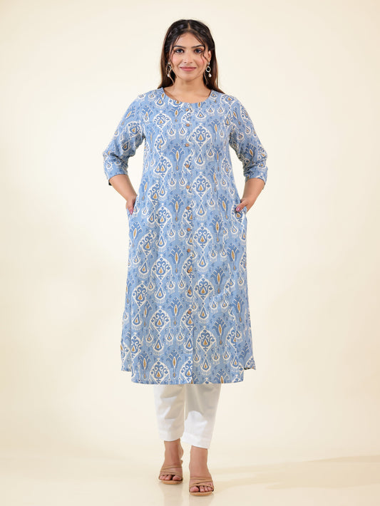 Linen Cotton Ikat A-line Blue Kurta
