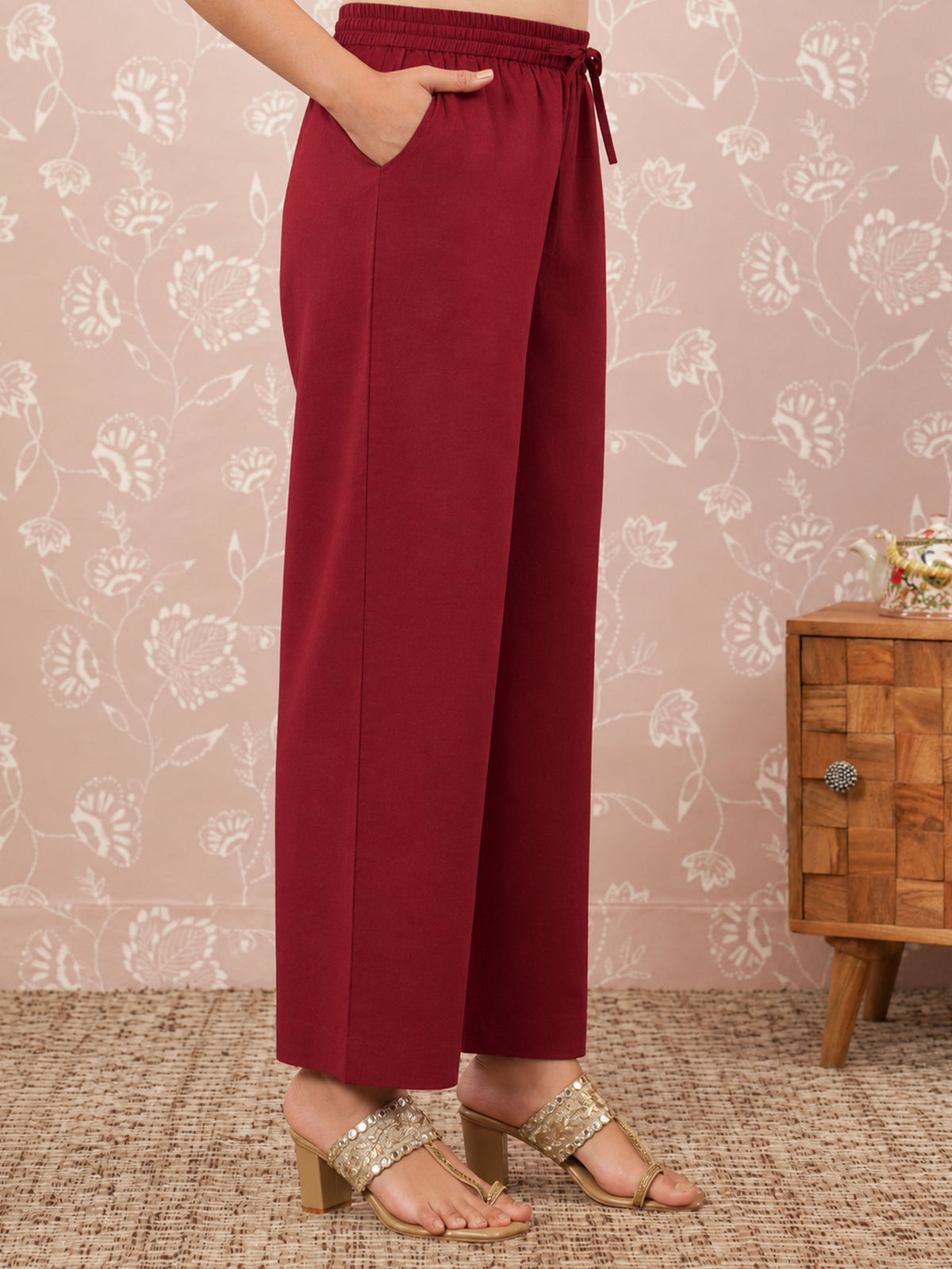 Embroidered soft cotton solid rust straight trousers