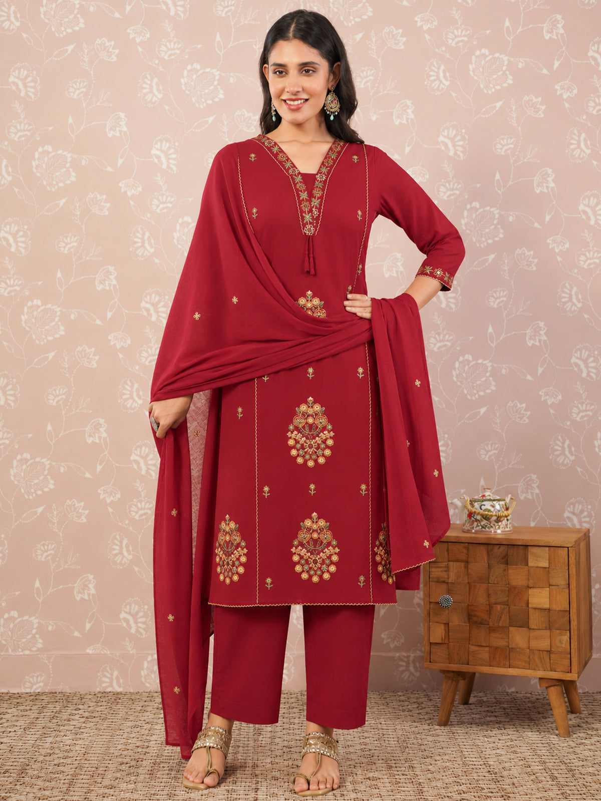 Embroidered soft cotton solid straight rust kurta