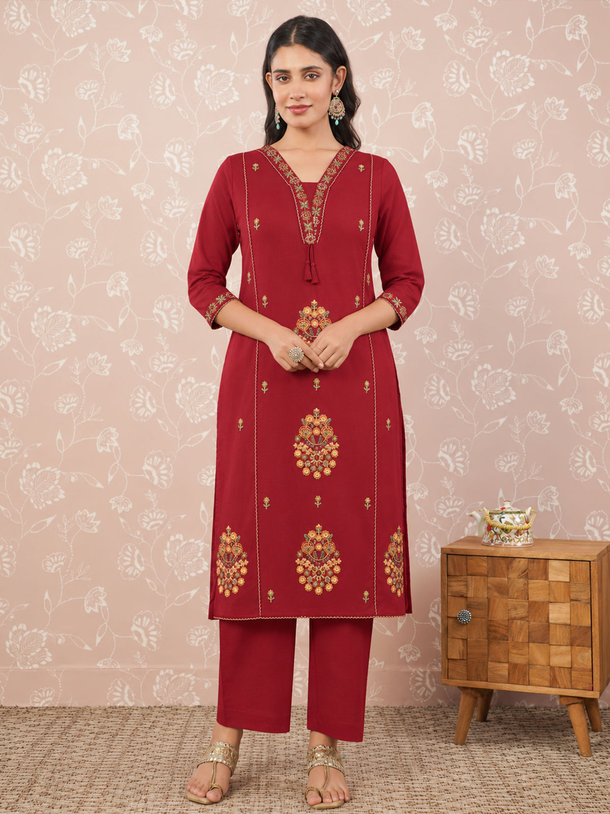 Embroidered soft cotton solid straight rust kurta