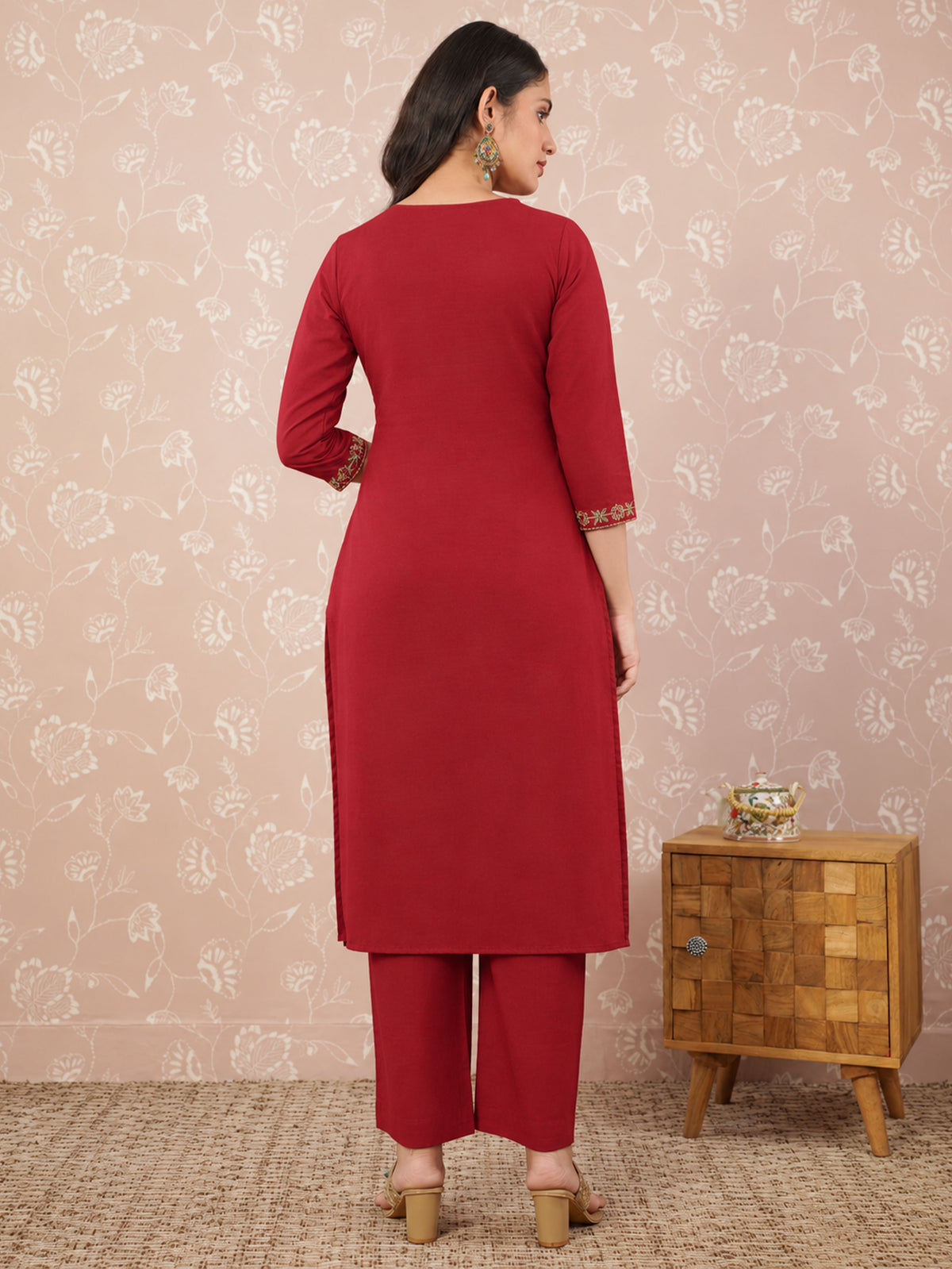 Embroidered soft cotton solid straight rust kurta