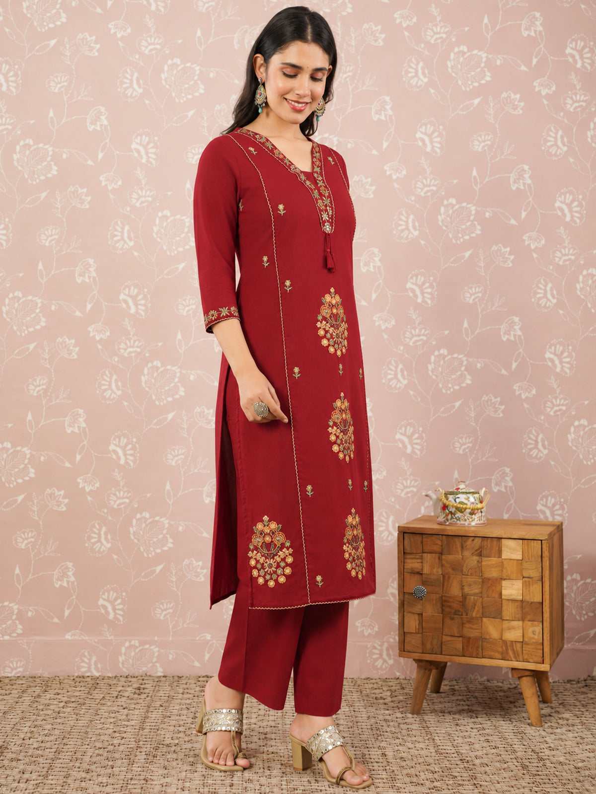 Embroidered soft cotton solid straight rust kurta