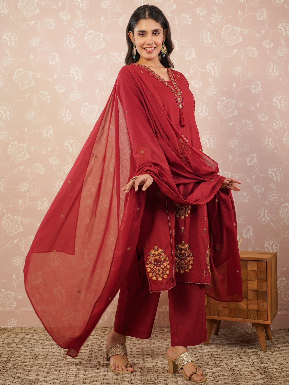 Embroidered soft cotton solid straight rust kurta