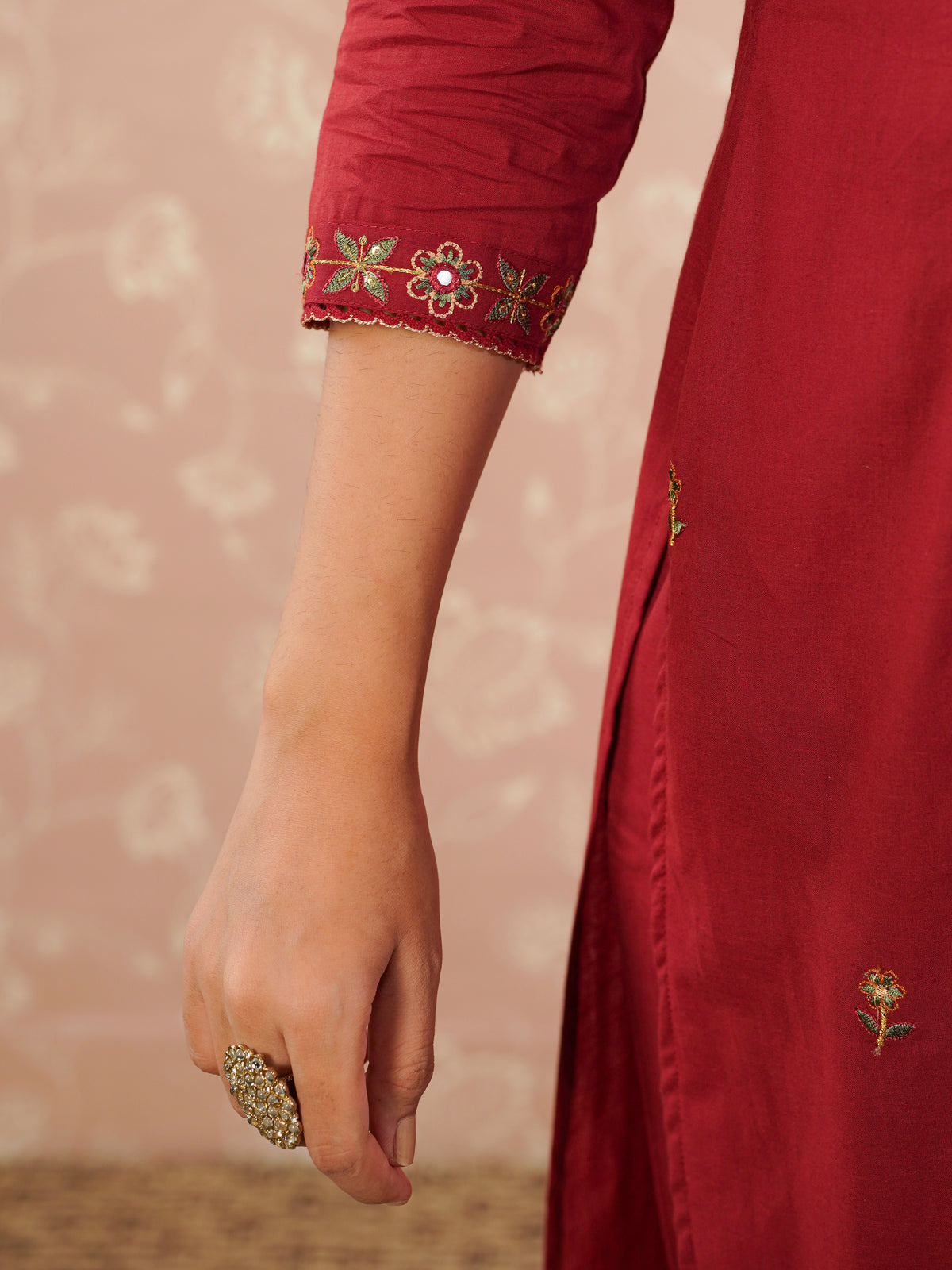 Embroidered soft cotton solid straight rust kurta