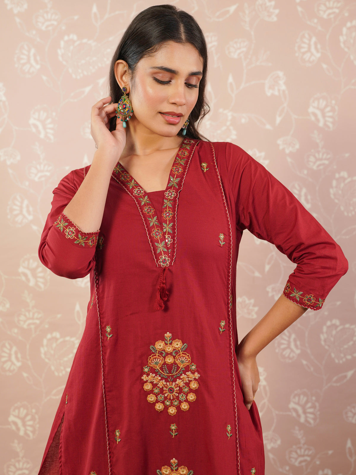 Embroidered soft cotton solid straight rust kurta