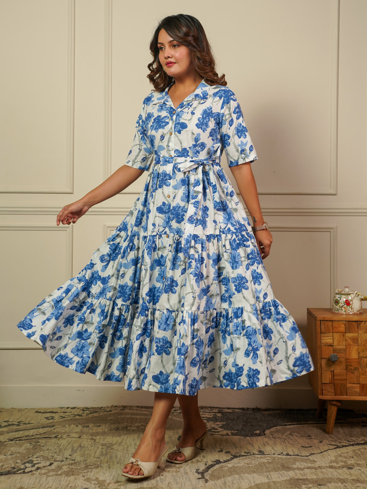 Soft Cotton Floral Tiered Off White Dress