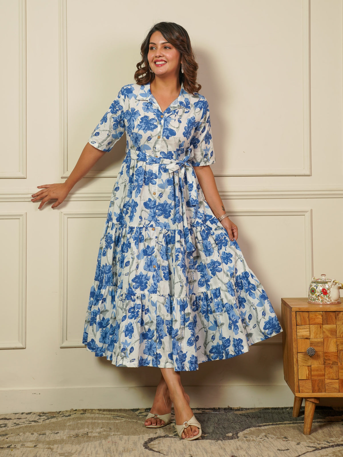 Soft Cotton Floral Tiered Off White Dress