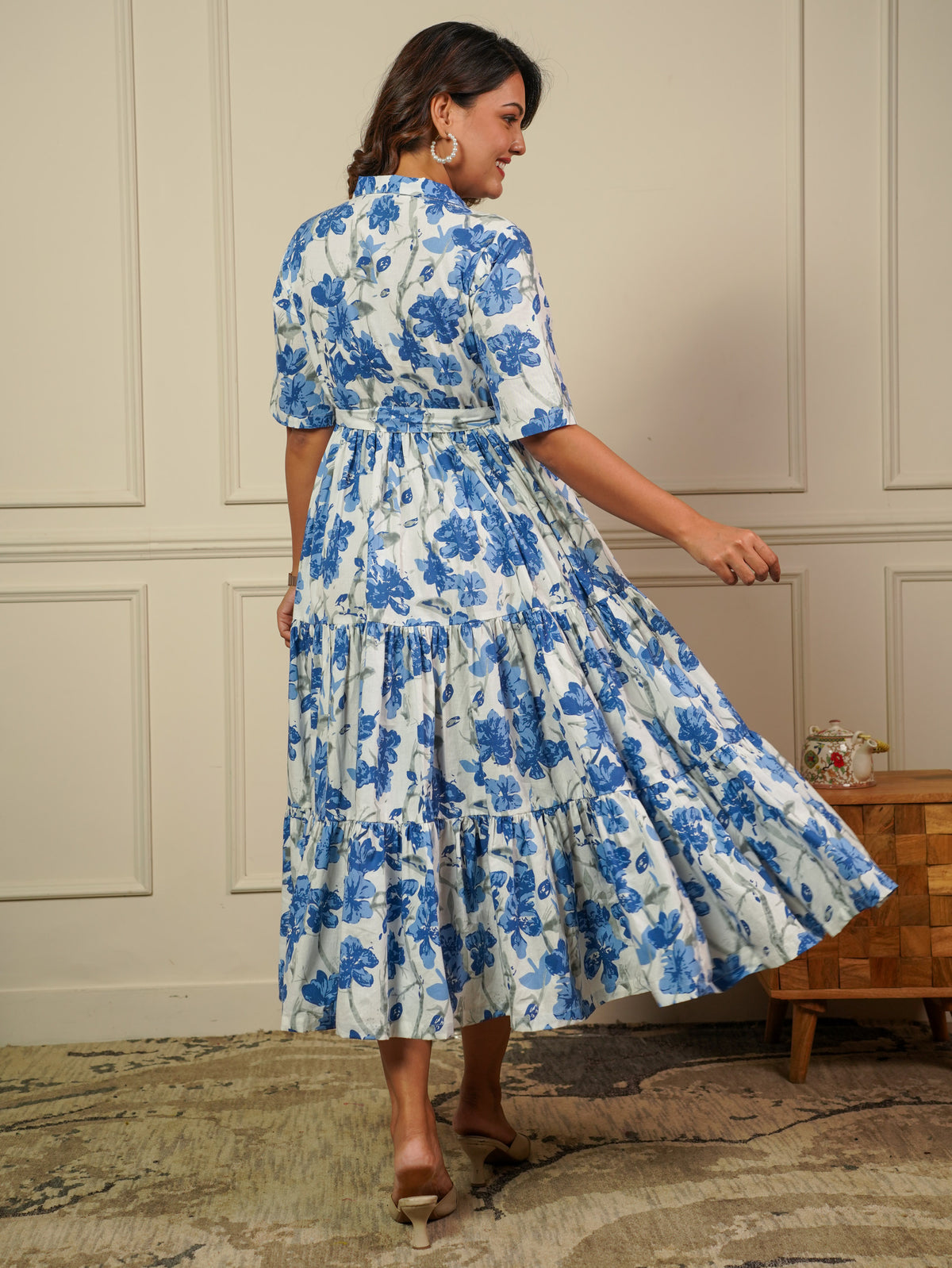 Soft Cotton Floral Tiered Off White Dress