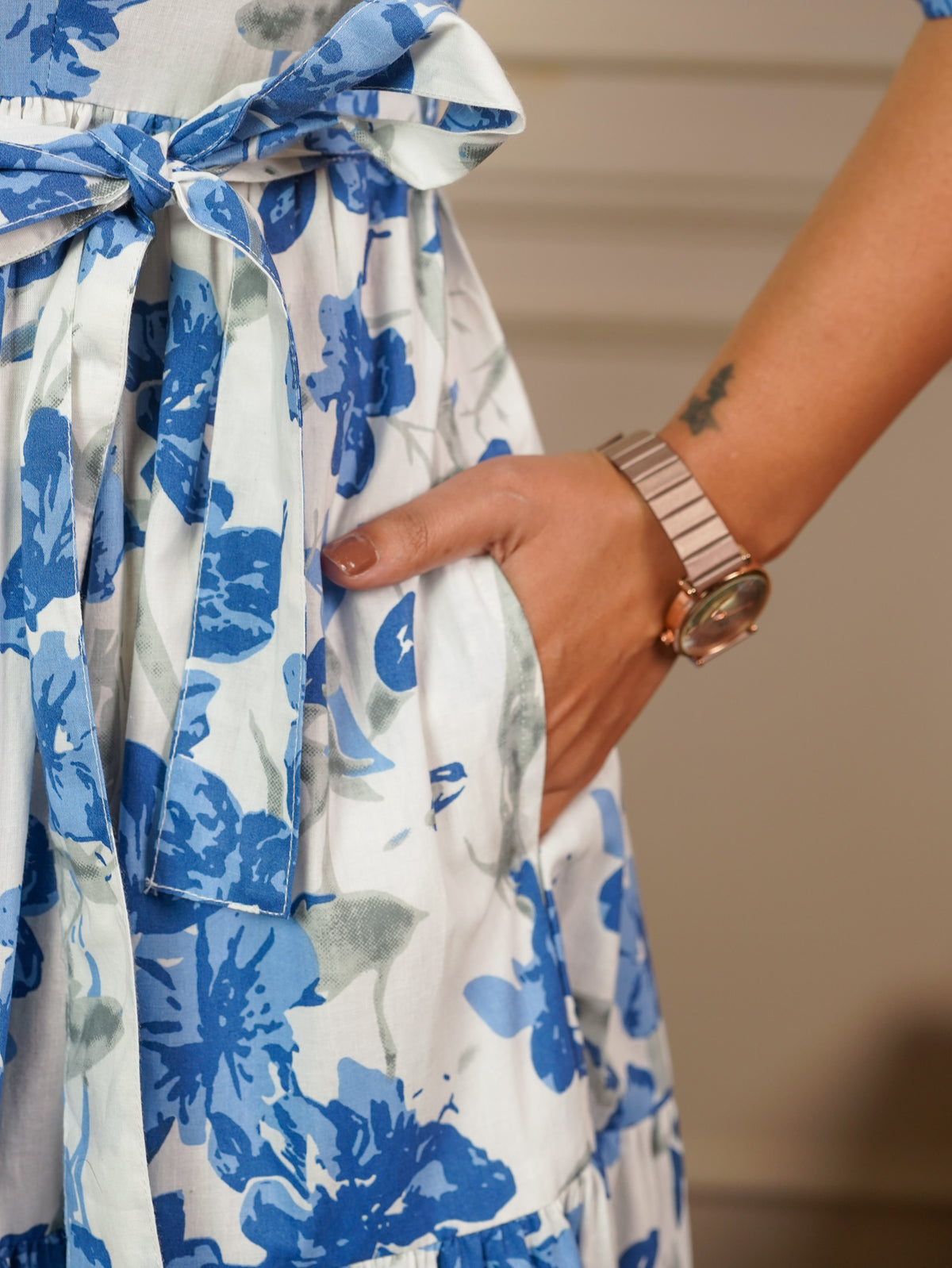 Soft Cotton Floral Tiered Off White Dress