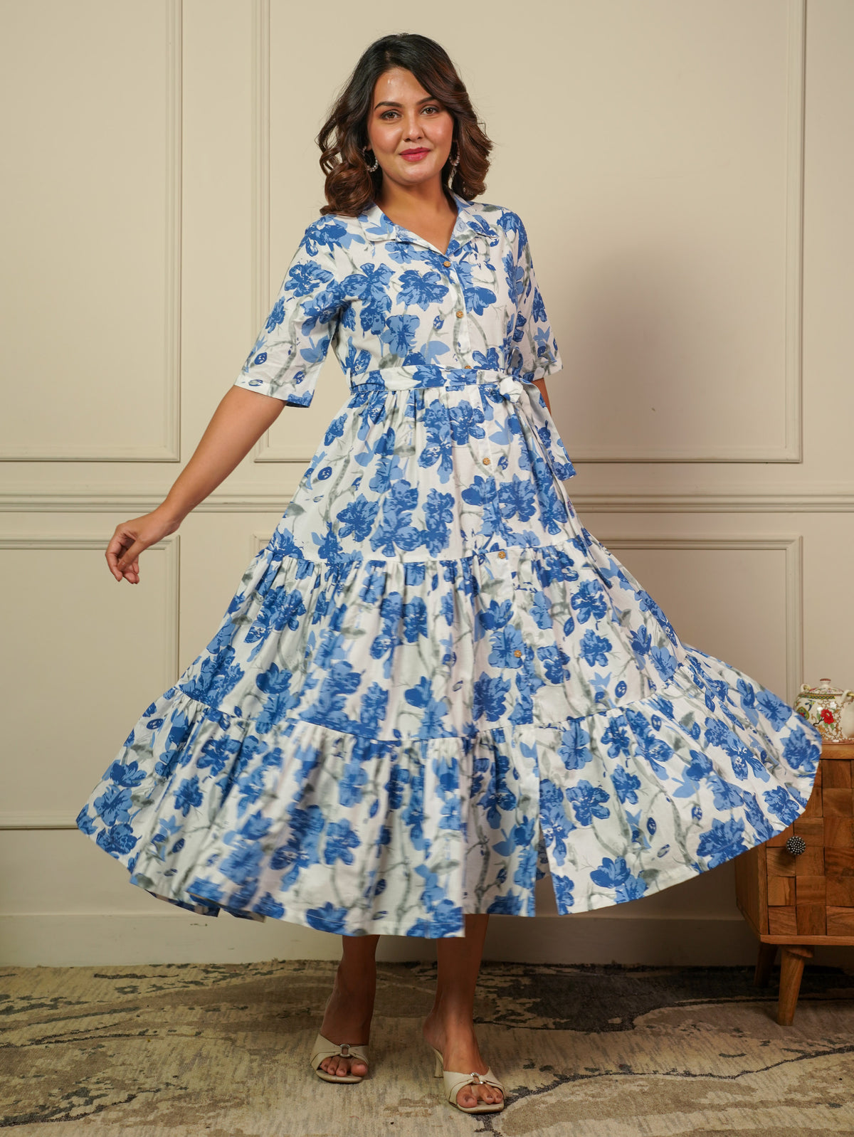Soft Cotton Floral Tiered Off White Dress
