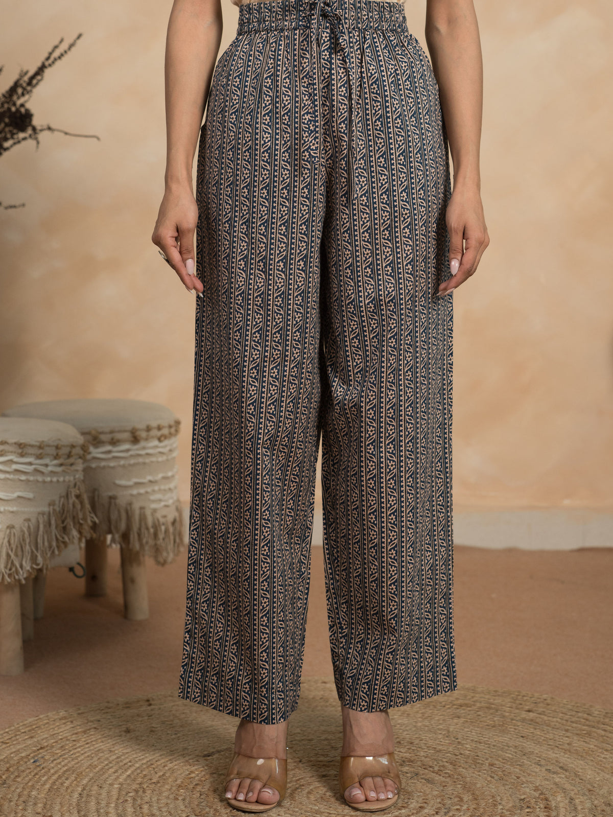 Soft Cotton Striped Indigo Blue Straight Trousers