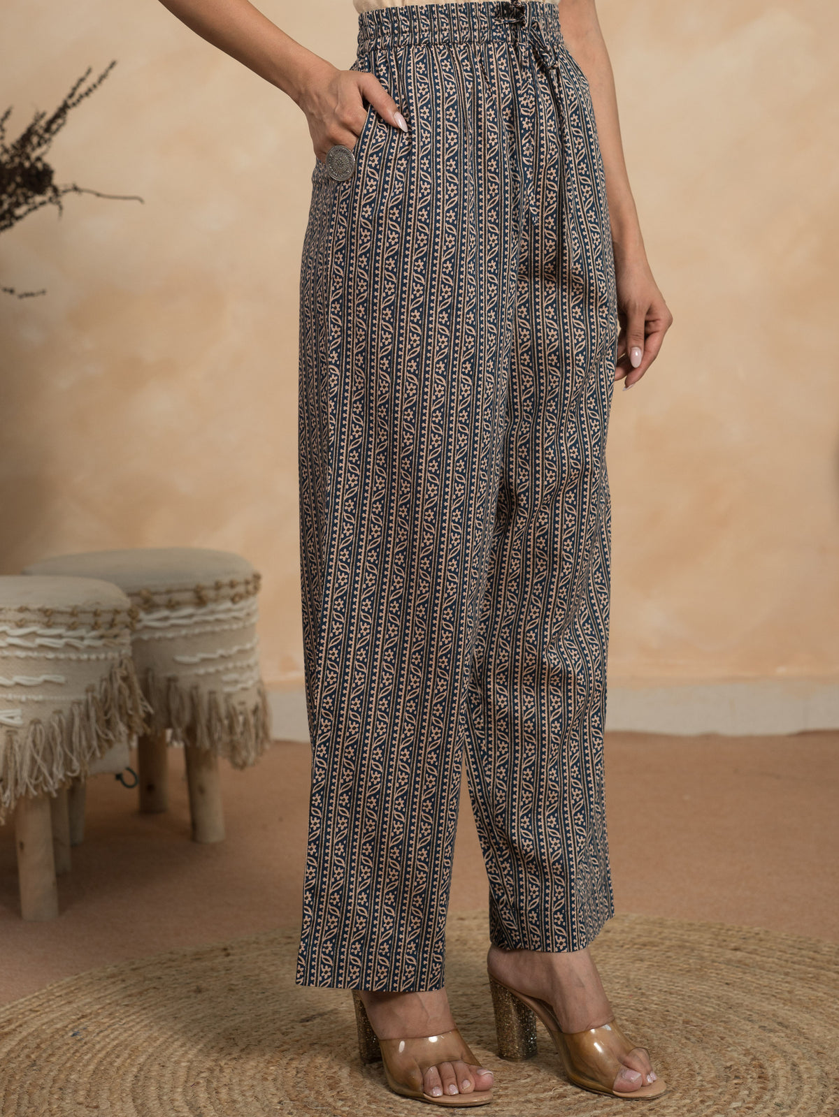 Soft Cotton Striped Indigo Blue Straight Trousers