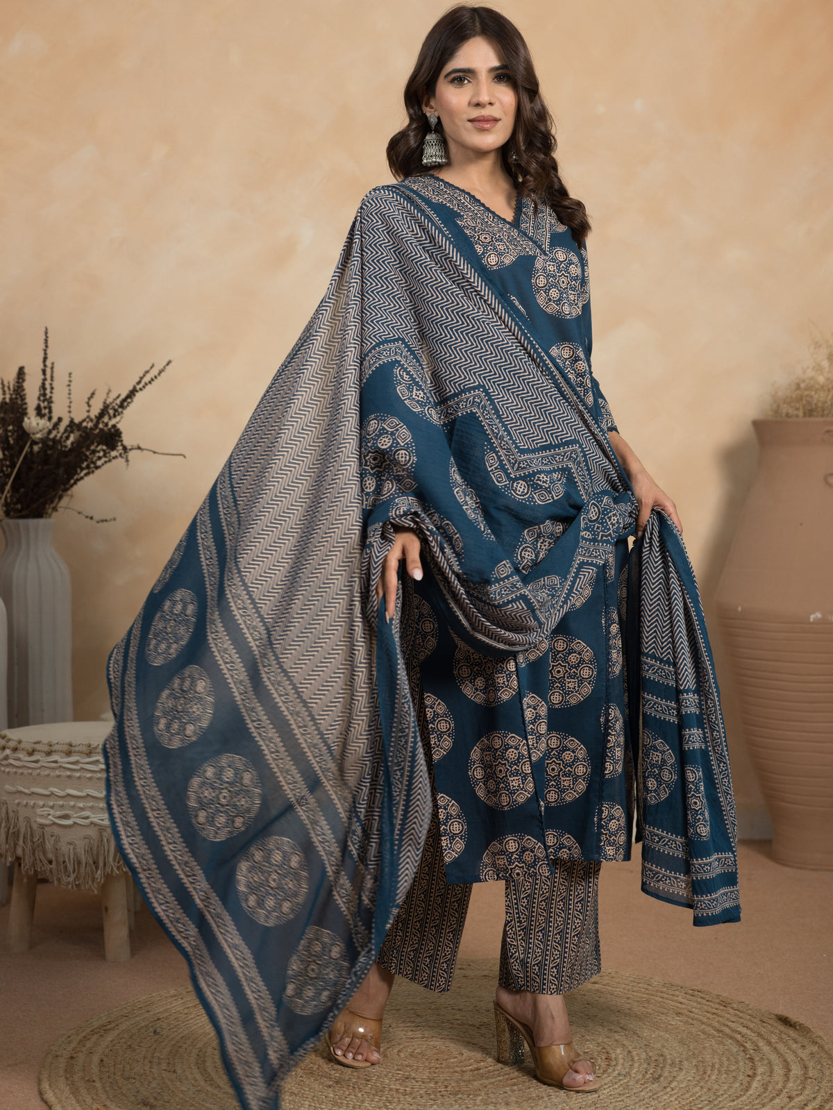 Embroidered Soft Cotton Butta Straight Indigo Blue Kurta