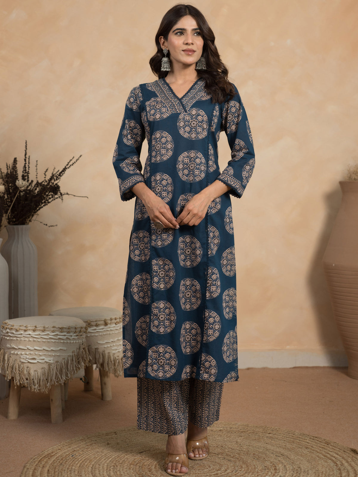 Embroidered Soft Cotton Butta Straight Indigo Blue Kurta