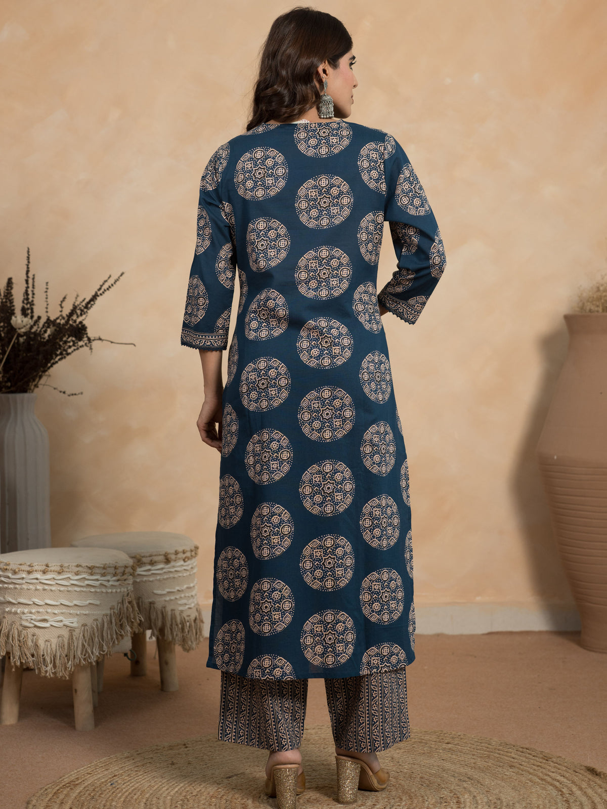 Embroidered Soft Cotton Butta Straight Indigo Blue Kurta