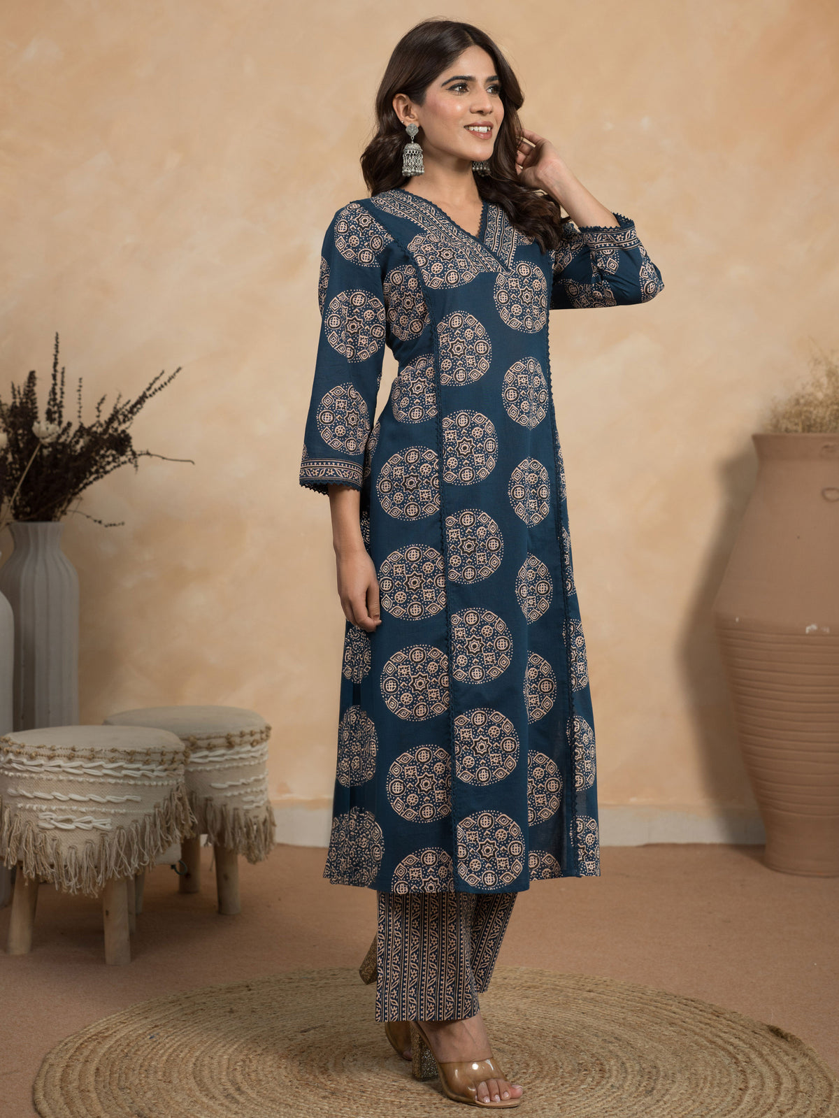 Embroidered Soft Cotton Butta Straight Indigo Blue Kurta