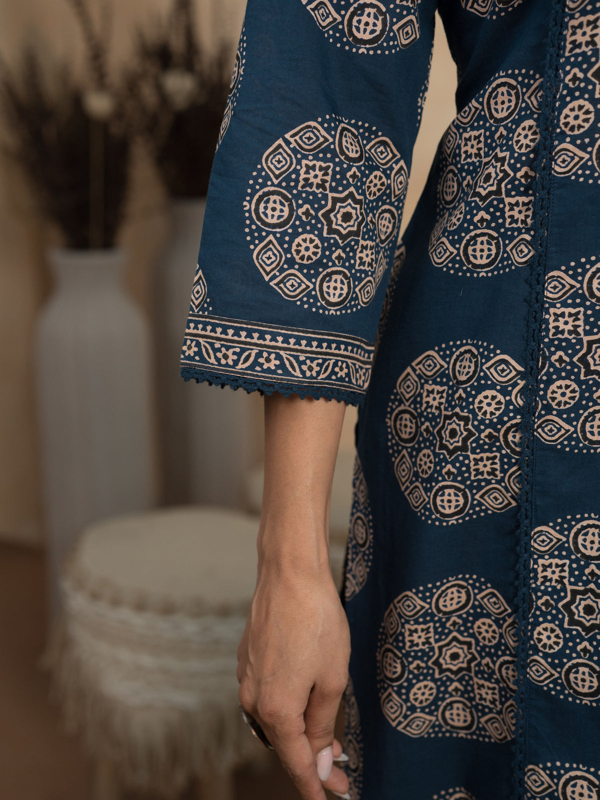 Embroidered Soft Cotton Butta Straight Indigo Blue Kurta