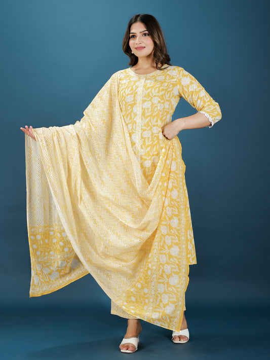 Soft Cotton Floral A-line Yellow Kurta