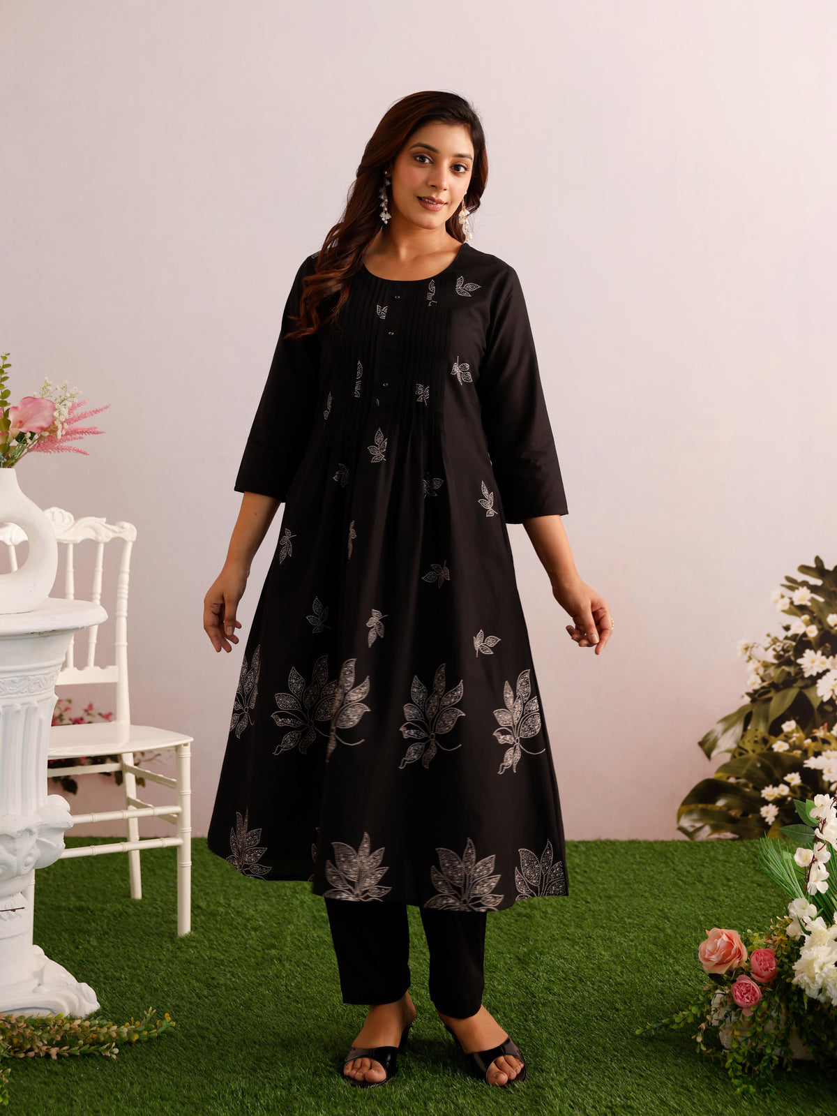 Soft Cotton Placement Print A-Line Black Kurta