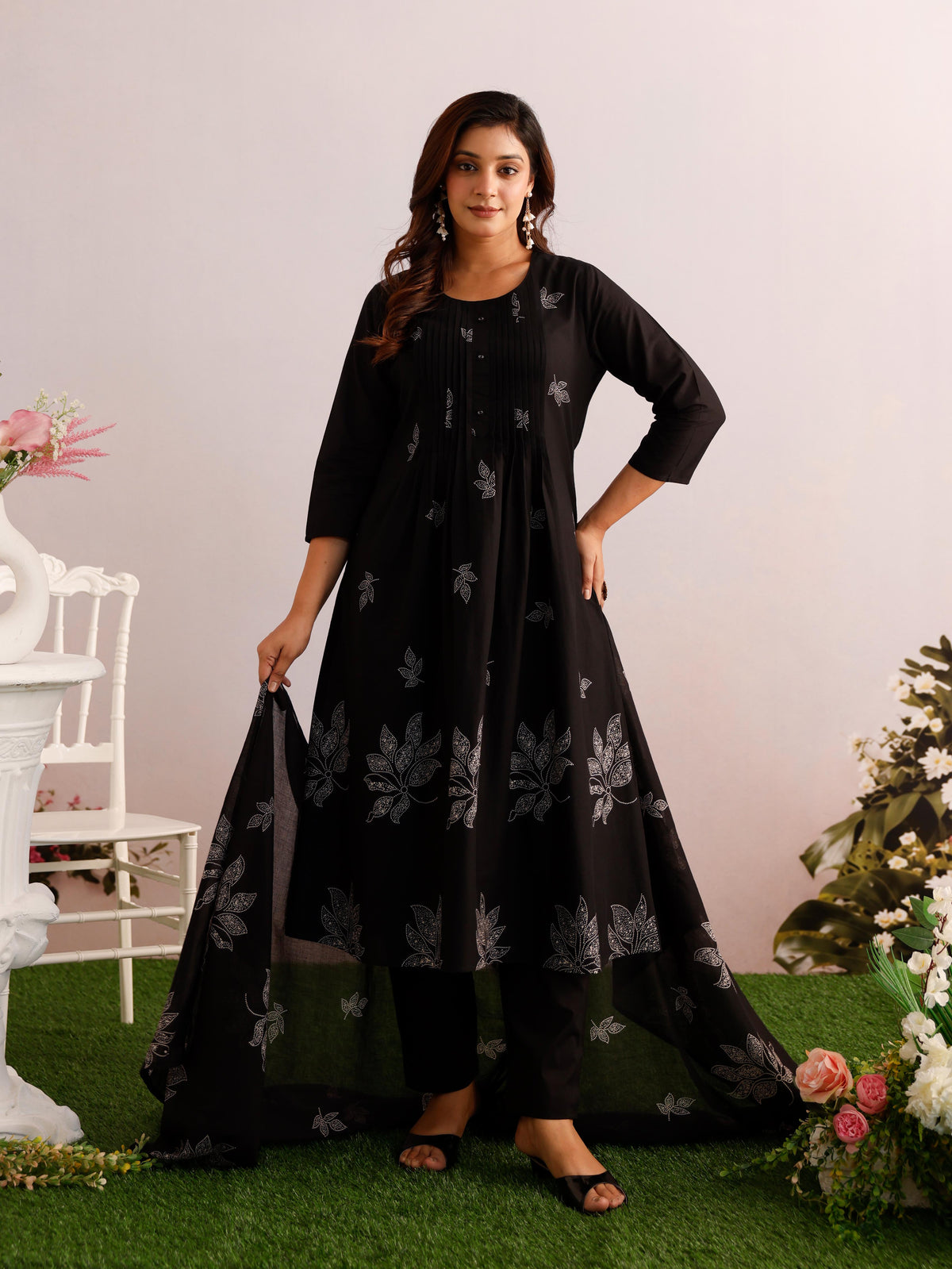 Soft Cotton Placement Print A-Line Black Kurta