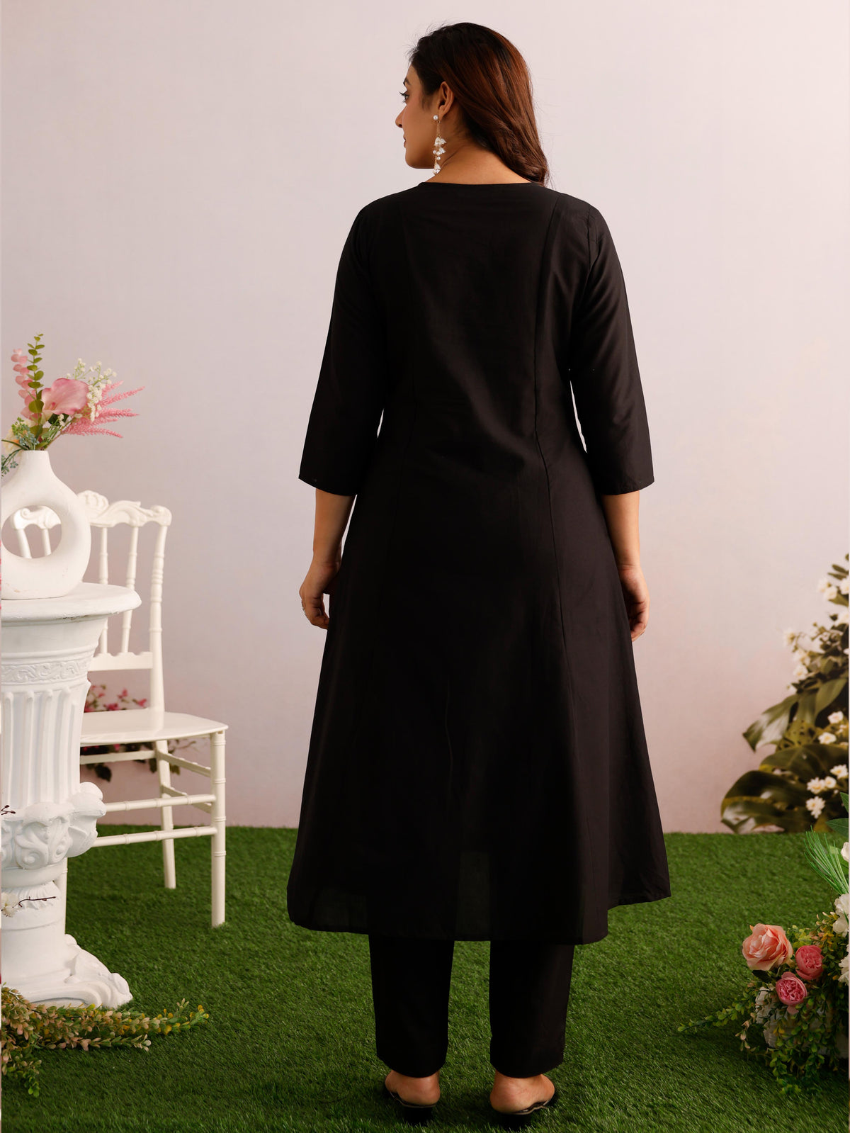 Soft Cotton Placement Print A-Line Black Kurta
