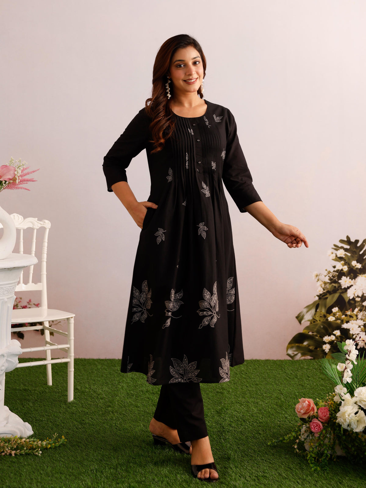 Soft Cotton Placement Print A-Line Black Kurta