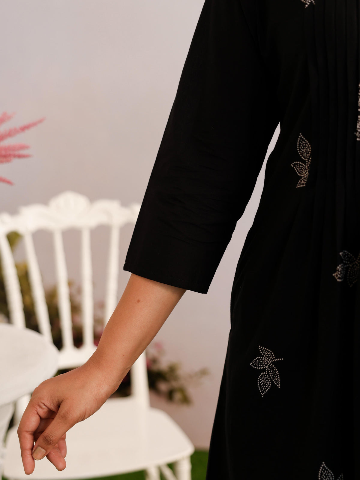 Soft Cotton Placement Print A-Line Black Kurta