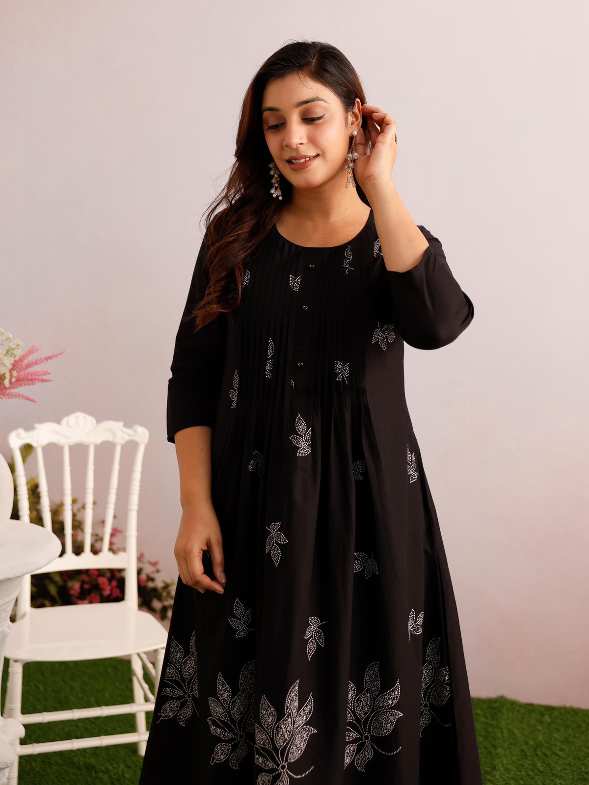 Soft Cotton Placement Print A-Line Black Kurta