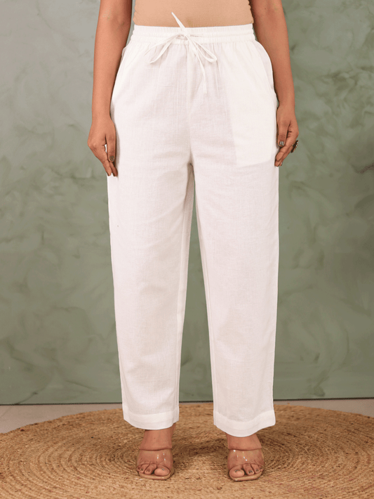 Linen cotton Solid Off White Straight Trousers