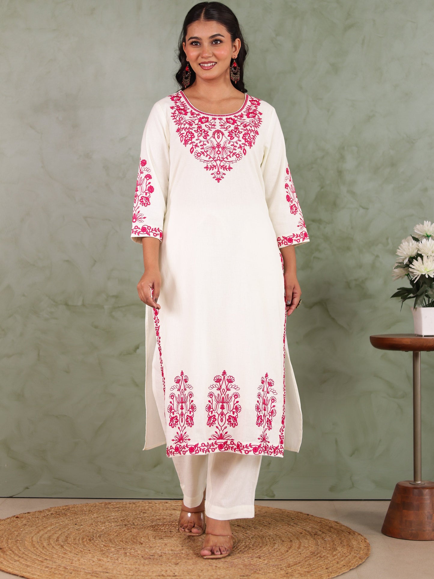 Embroidered Linen cotton Solid Straight Off White Kurta